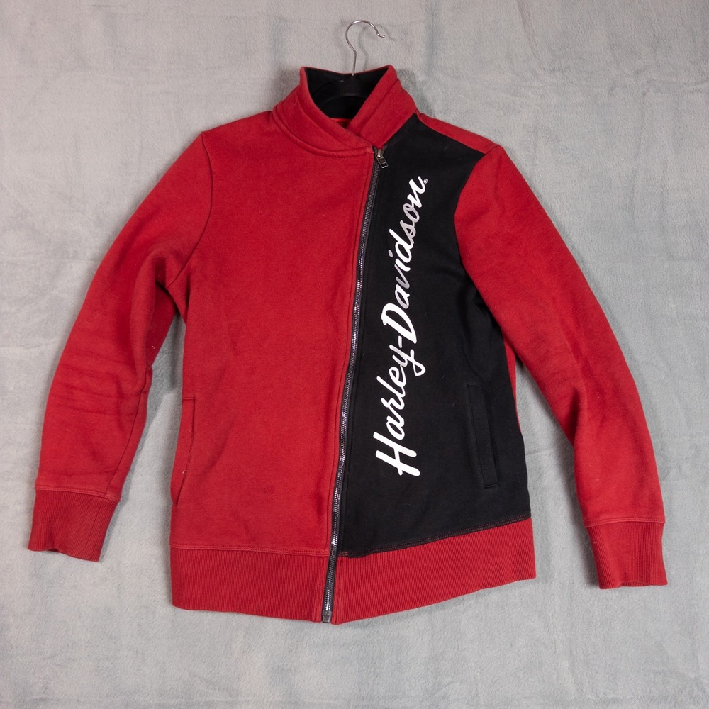 Harley-Davidson Jacket Women Medium Red Black Good Asymmetrical Zip Moto Logo